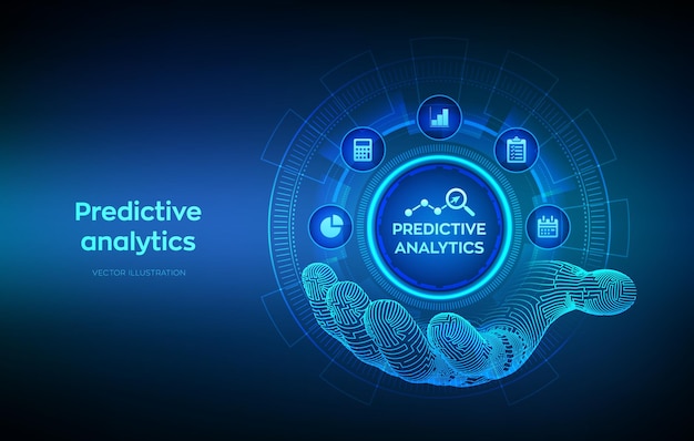 Vector icono de análisis predictivo en la mano del wireframe análisis de grandes datos tecnología de inteligencia de negocios