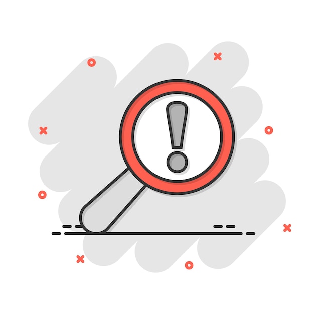 Icono de análisis de riesgo en estilo cómic Ilustración de vector de dibujos animados de lupa de exclamación sobre fondo blanco aislado Concepto de negocio de efecto de salpicadura de atención