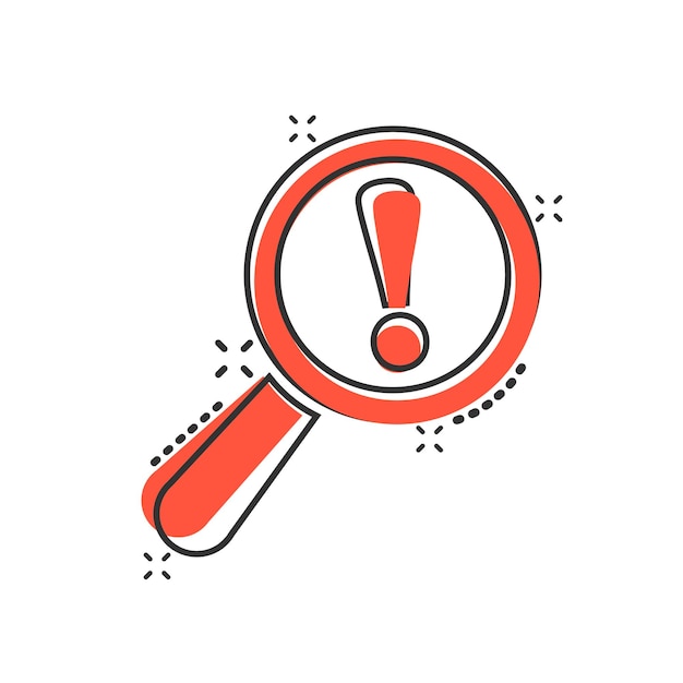 Icono de análisis de riesgo en estilo cómic Ilustración de vector de dibujos animados de lupa de exclamación sobre fondo blanco aislado Concepto de negocio de efecto de salpicadura de atención