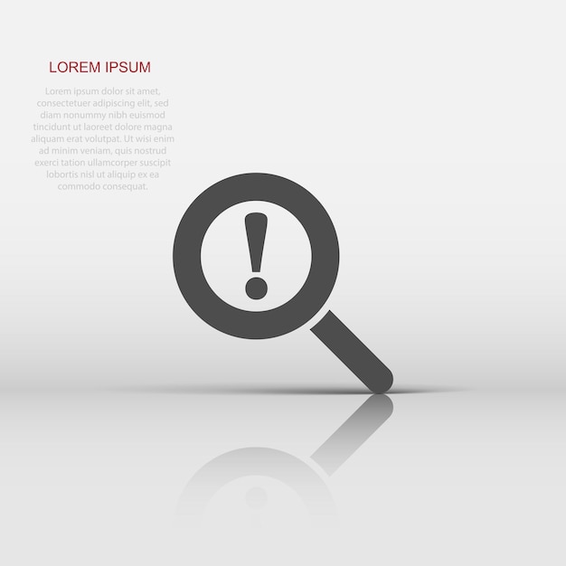 Icono de análisis de riesgo en estilo plano Ilustración de vector de lupa de exclamación sobre fondo blanco aislado Concepto de negocio de atención
