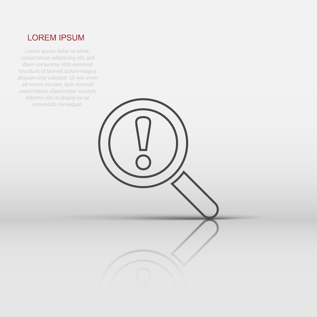 Icono de análisis de riesgo en estilo plano Ilustración de vector de lupa de exclamación sobre fondo blanco aislado Concepto de negocio de atención