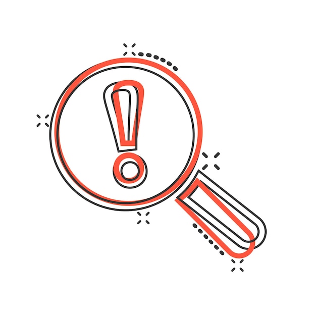 Ícono de análisis de riesgos en estilo cómico Exclamación lupa ilustración vectorial de dibujos animados en fondo blanco aislado Atención efecto salpicaduras concepto de negocio