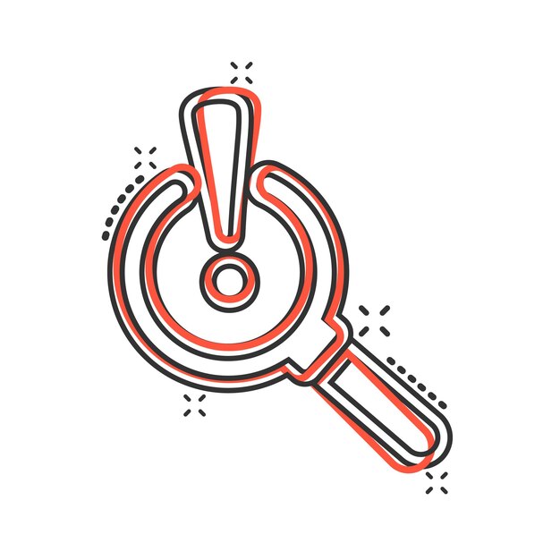 Ícono de análisis de riesgos en estilo cómico Exclamación lupa ilustración vectorial de dibujos animados en fondo blanco aislado Atención efecto salpicaduras concepto de negocio