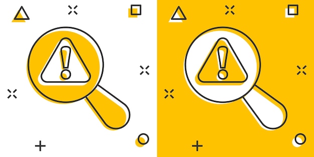 Ícono de análisis de riesgos en estilo cómico Exclamación lupa ilustración vectorial de dibujos animados en fondo blanco aislado Atención efecto salpicaduras concepto de negocio