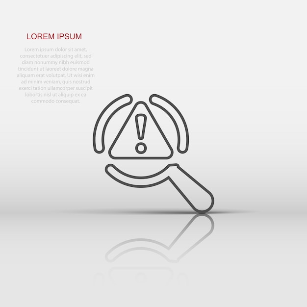 Icono de análisis de riesgos en estilo plano Ilustración de vector de lupa de exclamación sobre fondo blanco aislado Concepto de negocio de atención