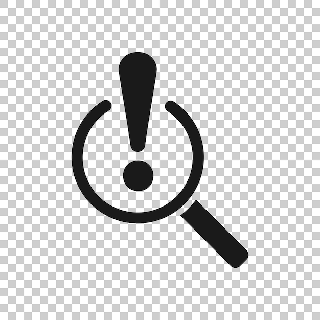 Icono de análisis de riesgos en estilo plano Ilustración de vector de lupa de exclamación sobre fondo blanco aislado Concepto de negocio de atención