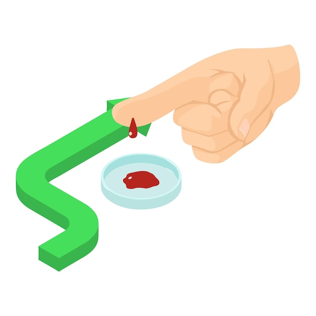 Ícono de análisis de sangre vector isométrico Dedo con gota de sangre por encima de la placa de Petri Concepto de prevención de laboratorio