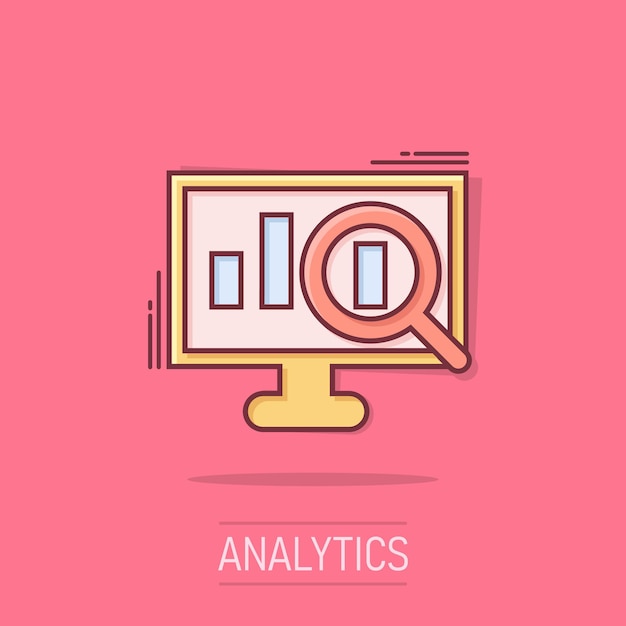 Icono de análisis de sitios web en estilo cómico Datos SEO Ilustración vectorial de dibujos animados en fondo aislado Diagrama de computadora Efecto de salpicaduras Concepto de negocio