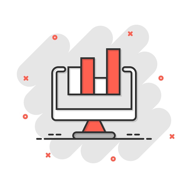 Icono de análisis de sitios web en estilo cómico Ilustración de vector de dibujos animados de datos SEO sobre fondo blanco aislado Concepto de negocio de efecto de salpicadura de diagrama de computadora