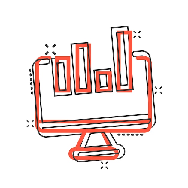 Icono de análisis de sitios web en estilo cómico Ilustración de vector de dibujos animados de datos SEO sobre fondo blanco aislado Concepto de negocio de efecto de salpicadura de diagrama de computadora