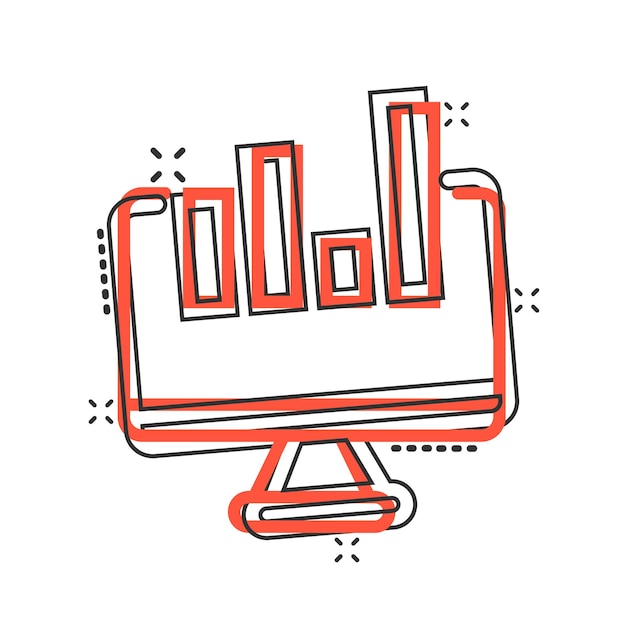 Icono de análisis de sitios web en estilo cómico ilustración de vector de dibujos animados de datos seo sobre fondo blanco aislado concepto de negocio de efecto de salpicadura de diagrama de computadora