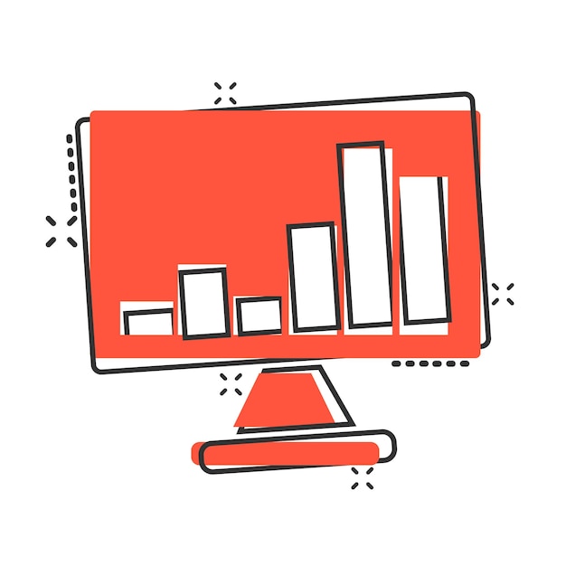 Icono de análisis de sitios web en estilo cómico Ilustración de vector de dibujos animados de datos SEO sobre fondo blanco aislado Concepto de negocio de efecto de salpicadura de diagrama de computadora