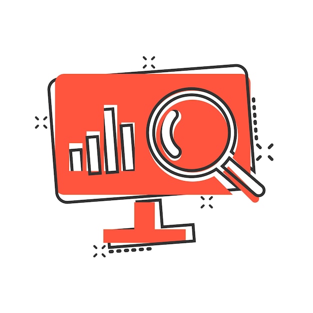Icono de análisis de sitios web en estilo cómico Ilustración de vector de dibujos animados de datos SEO sobre fondo blanco aislado Concepto de negocio de efecto de salpicadura de diagrama de computadora
