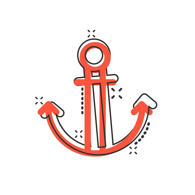 Icono de ancla de barco en estilo cómic Ilustración de vector de dibujos animados de gancho de barco sobre fondo blanco aislado Concepto de negocio de efecto de salpicadura de equipo de barco