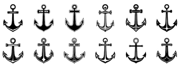 Icono de ancla Varias formas de anclas Conjunto de iconos de ancla negra Silueta de ancla