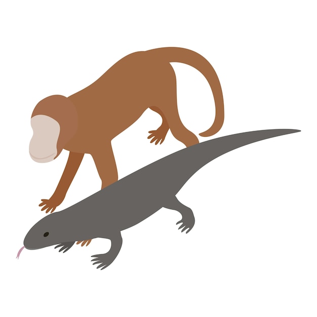 Icono de animal exótico vector isométrico Pequeño mono marrón y lagarto monitor gris icono Animal del zoológico de vida silvestre