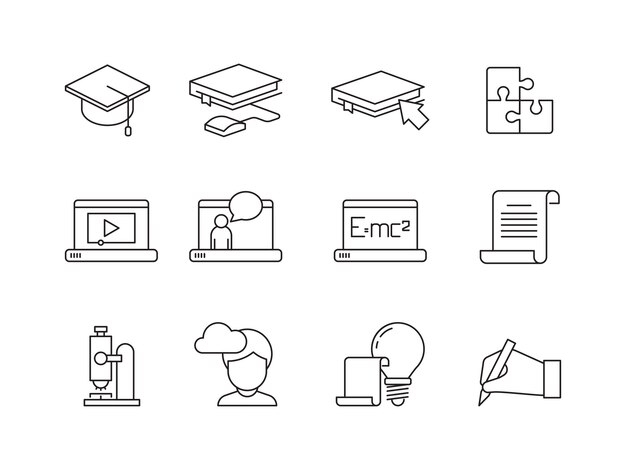 Icono de aprendizaje Educación en línea cursos de formación escuela especial o universidad aplicación símbolos lineales aislados