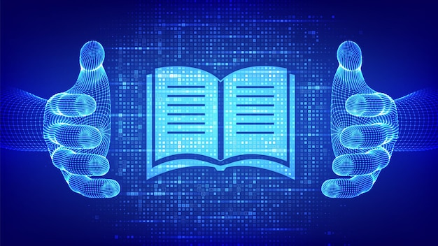 Icono de aprendizaje electrónico hecho con código binario en manos de estructura alámbrica Educación en línea Seminario web Enseñanza de cursos de capacitación en línea Transmisión de datos binarios digitales Fondo de código digital Ilustración vectorial