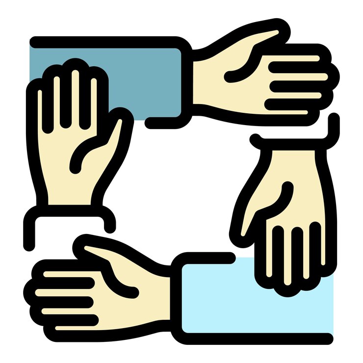 Vector icono de apretón de mano de trabajo en equipo contorno de trabajo en grupo de apretones de mano de vector icono de color plano aislado