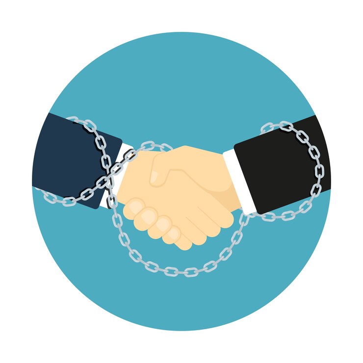 Vector icono de apretón de manos de estilo, imagen de dos manos humanas atadas con cadenas, concepto de asociación empresarial