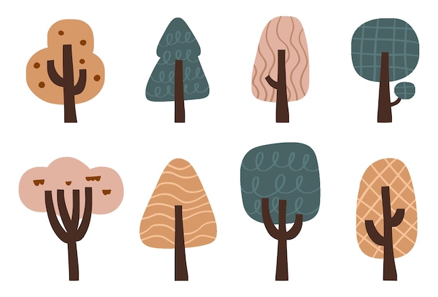 Icono de árbol de bosque plano árboles de bosque dibujados a mano plantas de la naturaleza aisladas follaje ecológico estilo de dibujos animados