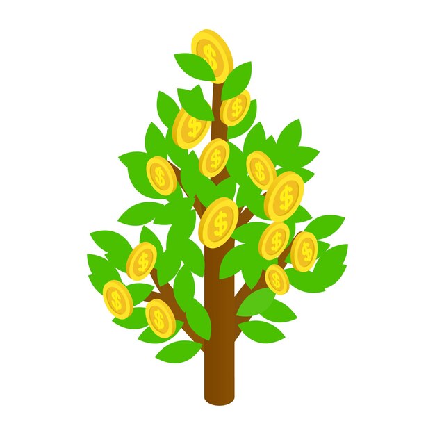 Icono de árbol de dólar en estilo isométrico 3d aislado sobre fondo blanco Concepto de prosperidad