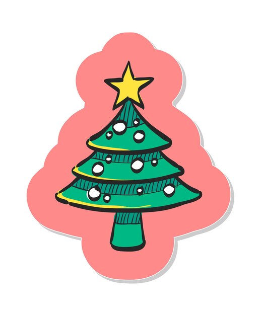 Icono de árbol de Navidad dibujado a mano en la ilustración de vector de estilo de etiqueta