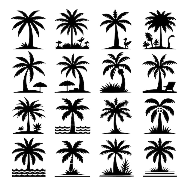 Icono de árbol de palma conjunto de silueta vector Ilustración