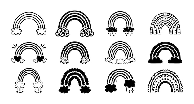 icono de arco iris monocromático conjunto negro de dibujos animados planos dibujados a mano en estilo arcoiris lindo Arco iris con nubes colección de elementos dibujados de mano