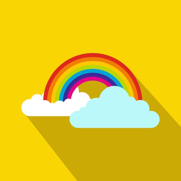 Icono de arco iris y nubes en estilo plano sobre un fondo amarillo