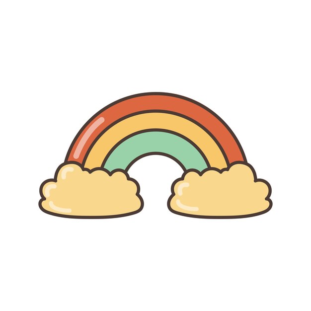 Icono de arco iris con nubes Ilustración en estilo de dibujos animados en diseño de imágenes prediseñadas retro de los años 70