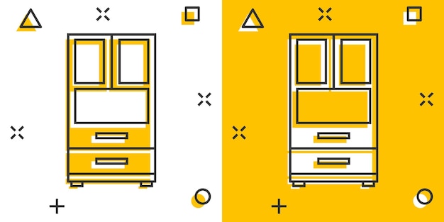 Icono de armario de dibujos animados de vector en estilo cómic Pictograma de ilustración de signo de muebles Concepto de efecto de salpicadura de negocio de gabinete