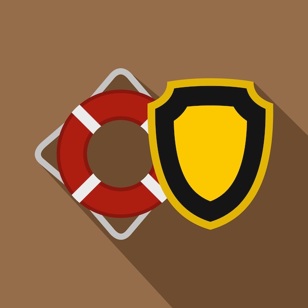 Icono de aro salvavidas y escudo de seguridad amarillo Ilustración plana de icono de vector de aro salvavidas y escudo de seguridad para web aislado sobre fondo de café