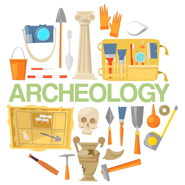 Icono de arqueología establece vector de banner. herramientas arqueológicas, artefactos antiguos.