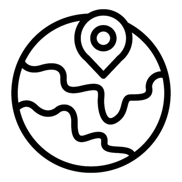 Icono de arte de línea de un alfiler de GPS cayendo en un mapa del mundo