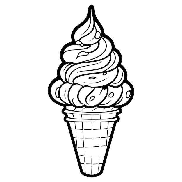 Icono de arte de línea en blanco y negro de cono de helado Página de libro para colorear para adultos y niños Ilustración de vector de comida rápida de verano para certificado de volante de tarjeta de regalo o etiqueta de parche de logotipo de icono de banner