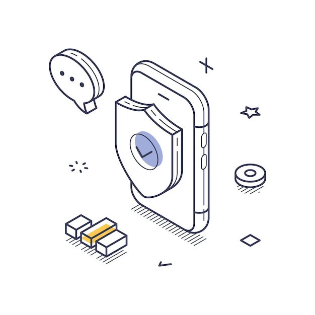 Icono de arte de línea isométrica que representa características de seguridad de Internet con elementos de protección de dispositivos