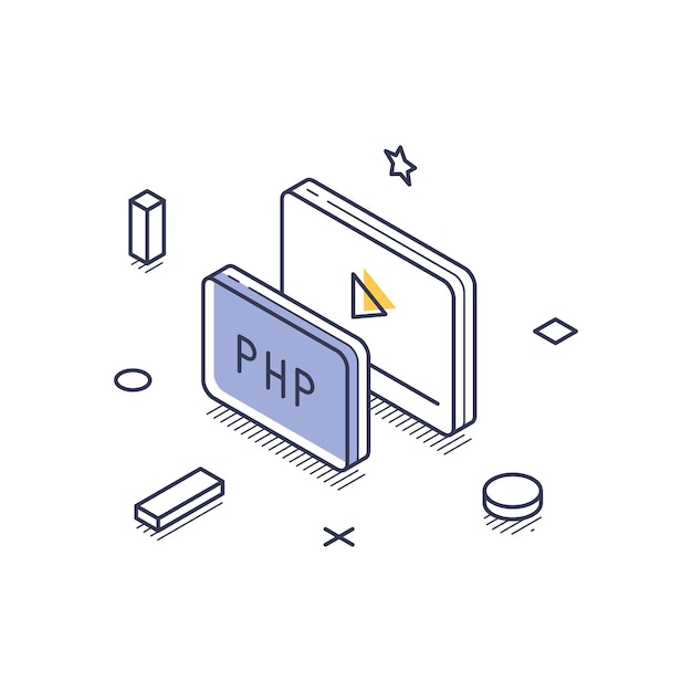 Icono de arte de línea isométrica que representa el desarrollo web con el lenguaje de programación PHP