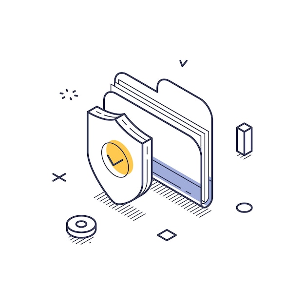 Icono de arte de línea isométrica que representa la protección de datos con un escudo y una carpeta