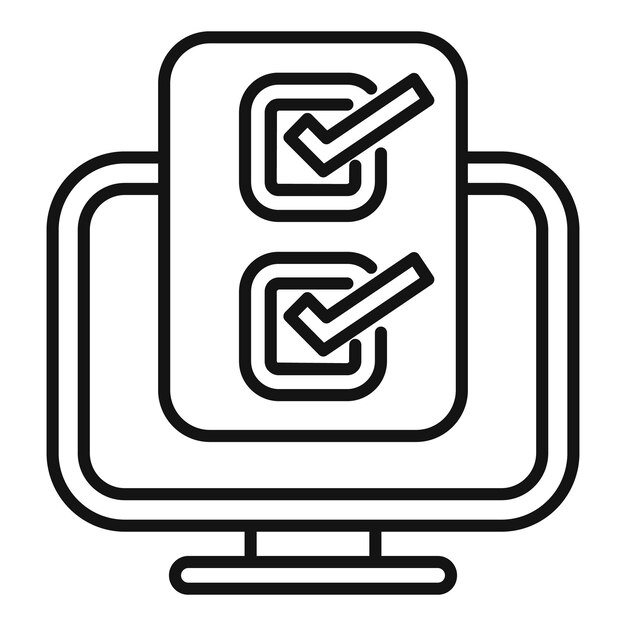 Icono de arte de línea de un monitor de computadora que muestra marcas de comprobación que simbolizan la encuesta en línea o la finalización del formulario
