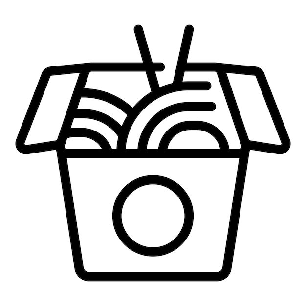 Icono de arte de línea simple de una caja de papel abierta para fideos wok con palillos sobre un fondo blanco