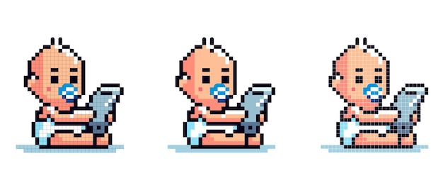 icono de arte vectorial de un bebé con un chupete jugando con un teléfono en un fondo blanco