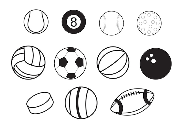 Vector icono de artículos deportivos para juegos de equipo con discos de hockey sobre hielo y pelotas de fútbol o fútbol