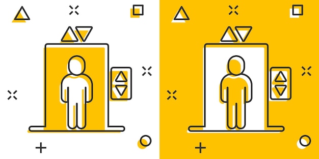 Icono de ascensor en estilo cómic ilustración de vector de dibujos animados de elevación sobre fondo blanco aislado concepto de negocio de efecto de salpicadura de transporte de pasajeros