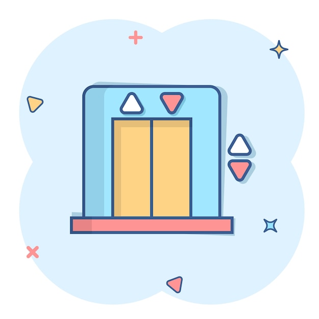 Icono de ascensor en estilo cómico Ilustración vectorial de dibujos animados de ascensor sobre un fondo blanco aislado Concepto de negocio de transporte de pasajeros