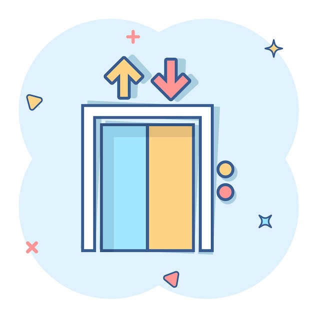 Icono de ascensor en estilo cómico Ilustración vectorial de dibujos animados de ascensor sobre un fondo blanco aislado Concepto de negocio de transporte de pasajeros