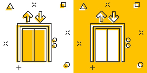 Icono de ascensor en estilo cómico Ilustración vectorial de dibujos animados de ascensor sobre un fondo blanco aislado Concepto de negocio de transporte de pasajeros