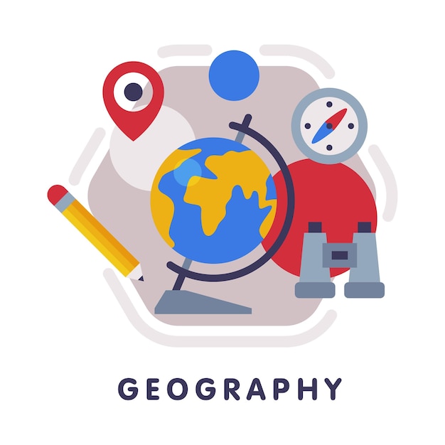 Vector icono de la asignatura escolar de geografía educación y disciplina científica con elementos relacionados estilo plano