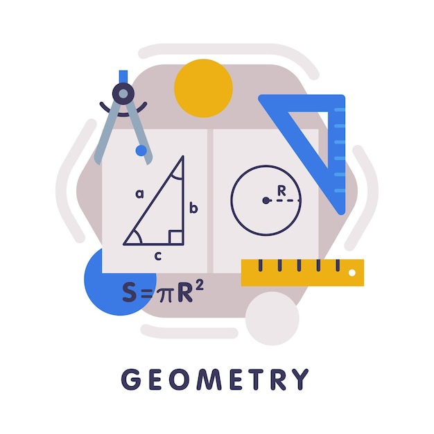 Icono de la asignatura escolar de geometría educación y disciplina científica con elementos relacionados estilo plano