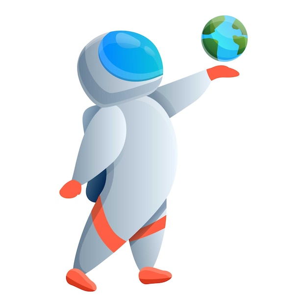 Icono de astronauta manteniendo la tierra en la mano Icono de caricatura de astronauta manteniendo la tierra en las manos Icono vectorial para diseño web aislado en fondo blanco